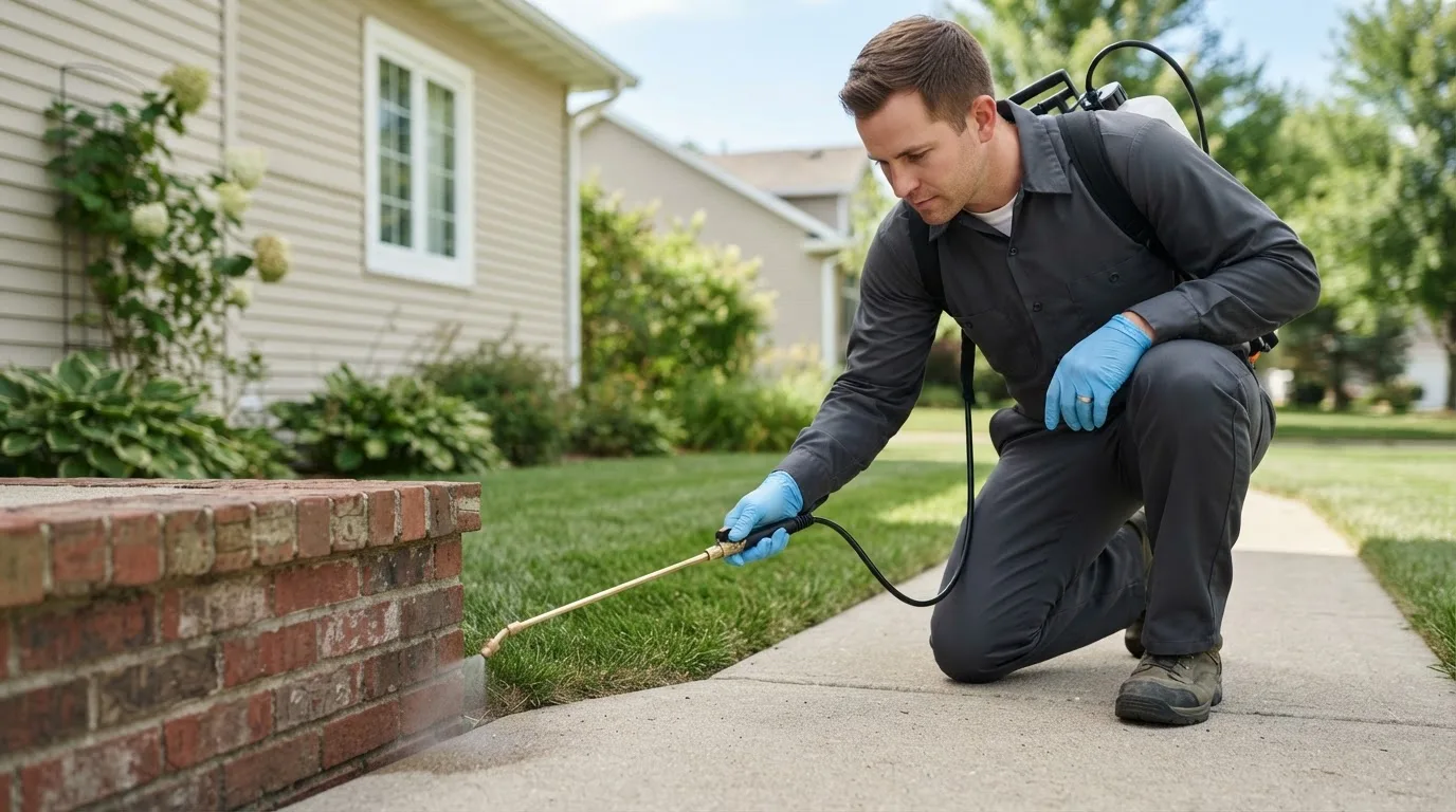 Pest control technician treating a home near Votaw, TX