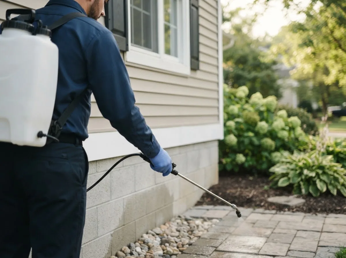 Pest control technician inspecting a home in Votaw, TX